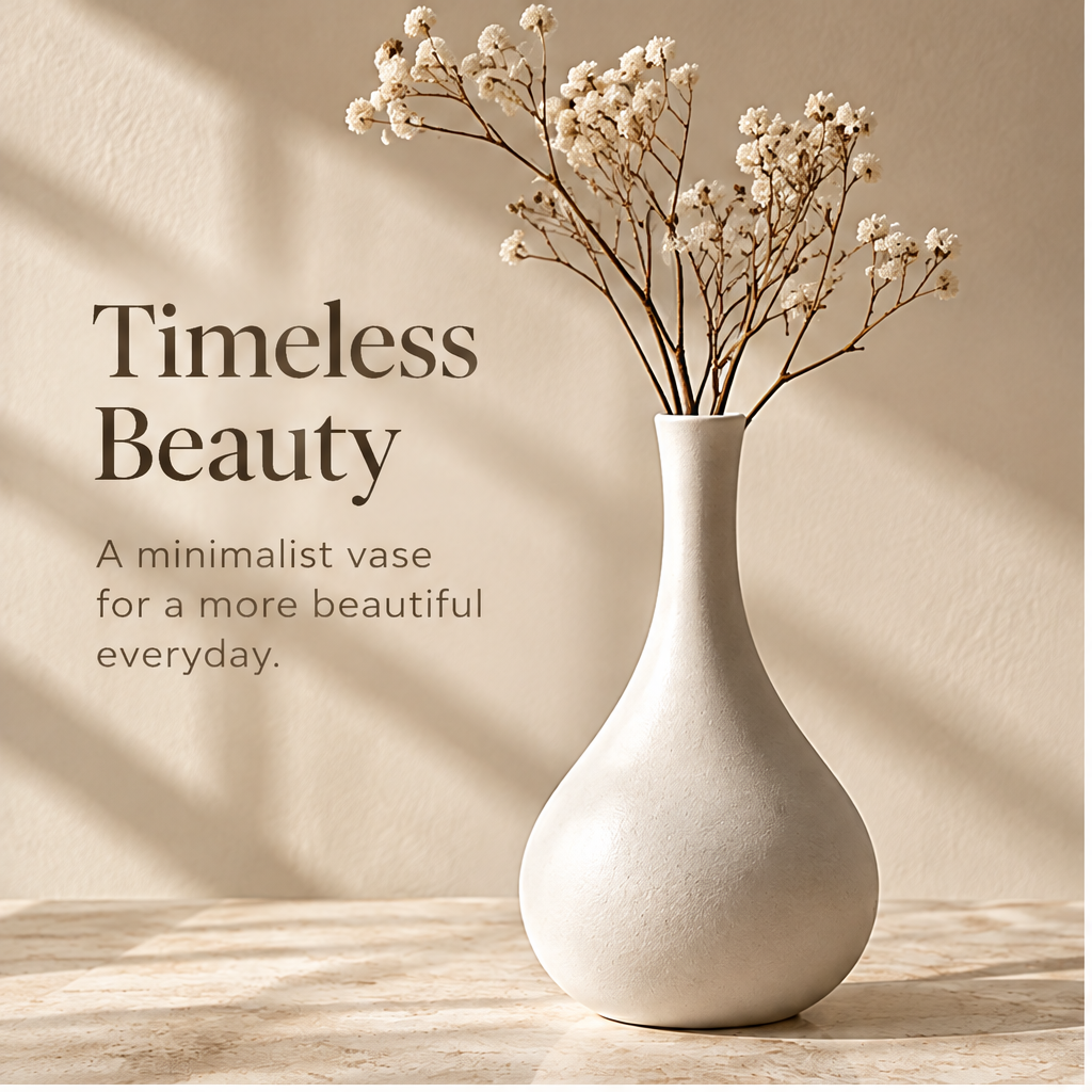 Ivory minimalist vase styled with delicate white floral stems on a tabletop.