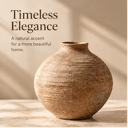 Round earth-tone textured vase with a short neck on a sunlit tabletop.