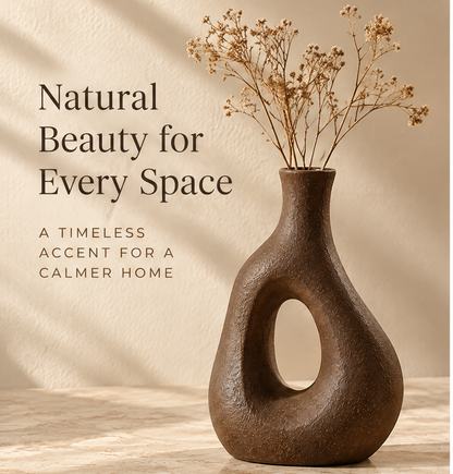Brown cutout vase styled with delicate dried floral stems.