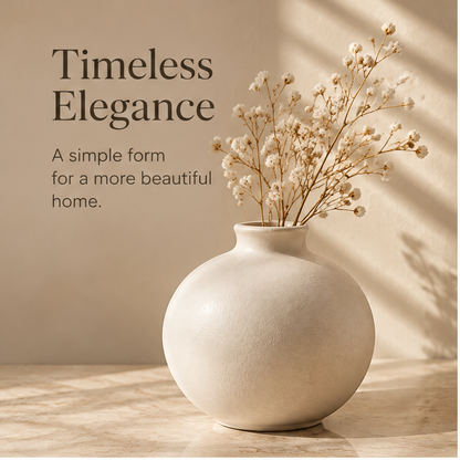 Round ivory vase styled with delicate white floral stems.