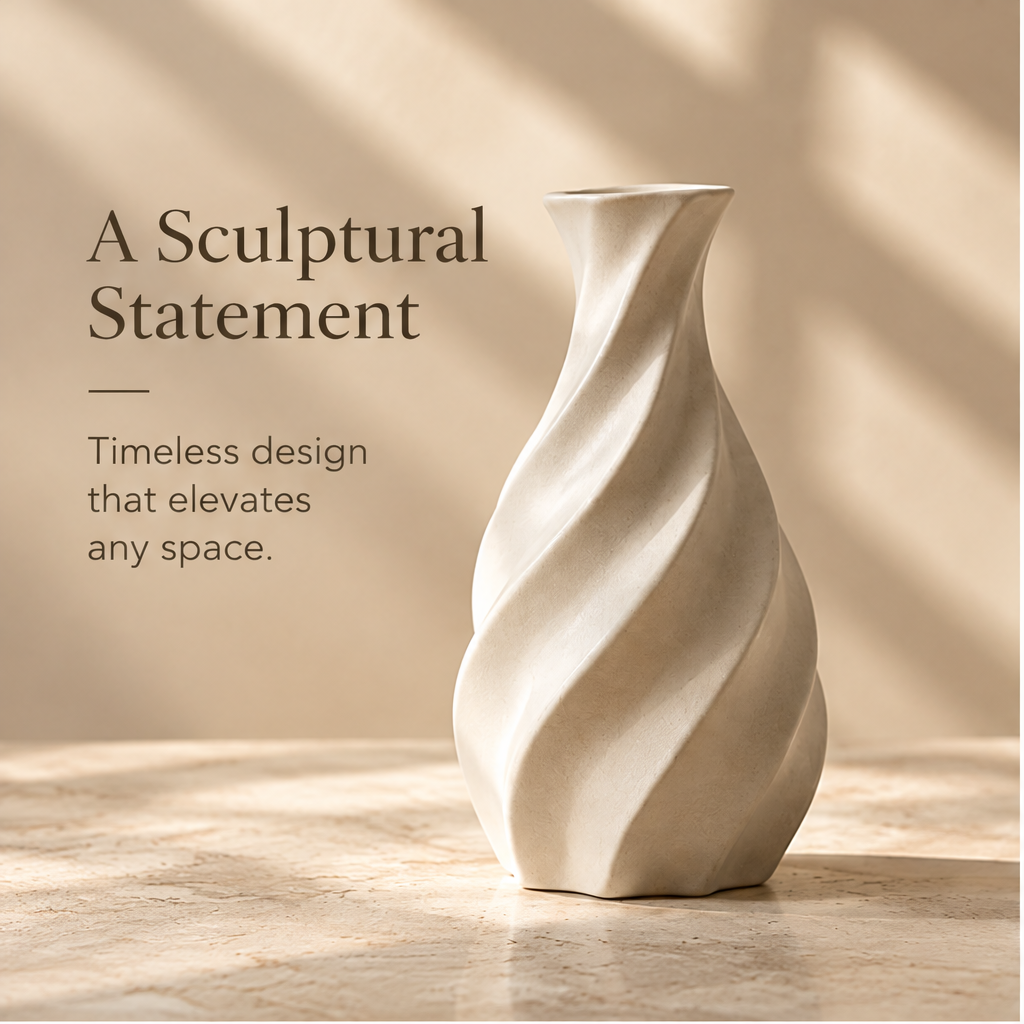 Spiral ceramic vase lying on its side, showing the flat base and raised curves.