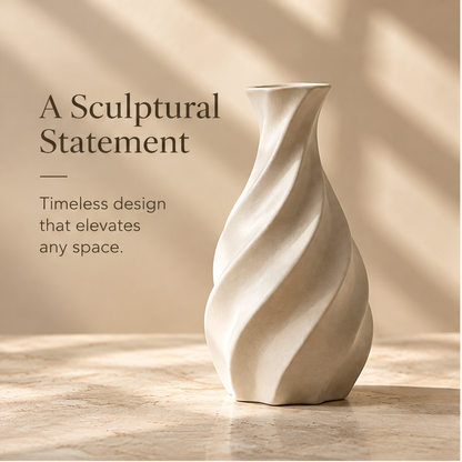 Spiral ceramic vase lying on its side, showing the flat base and raised curves.