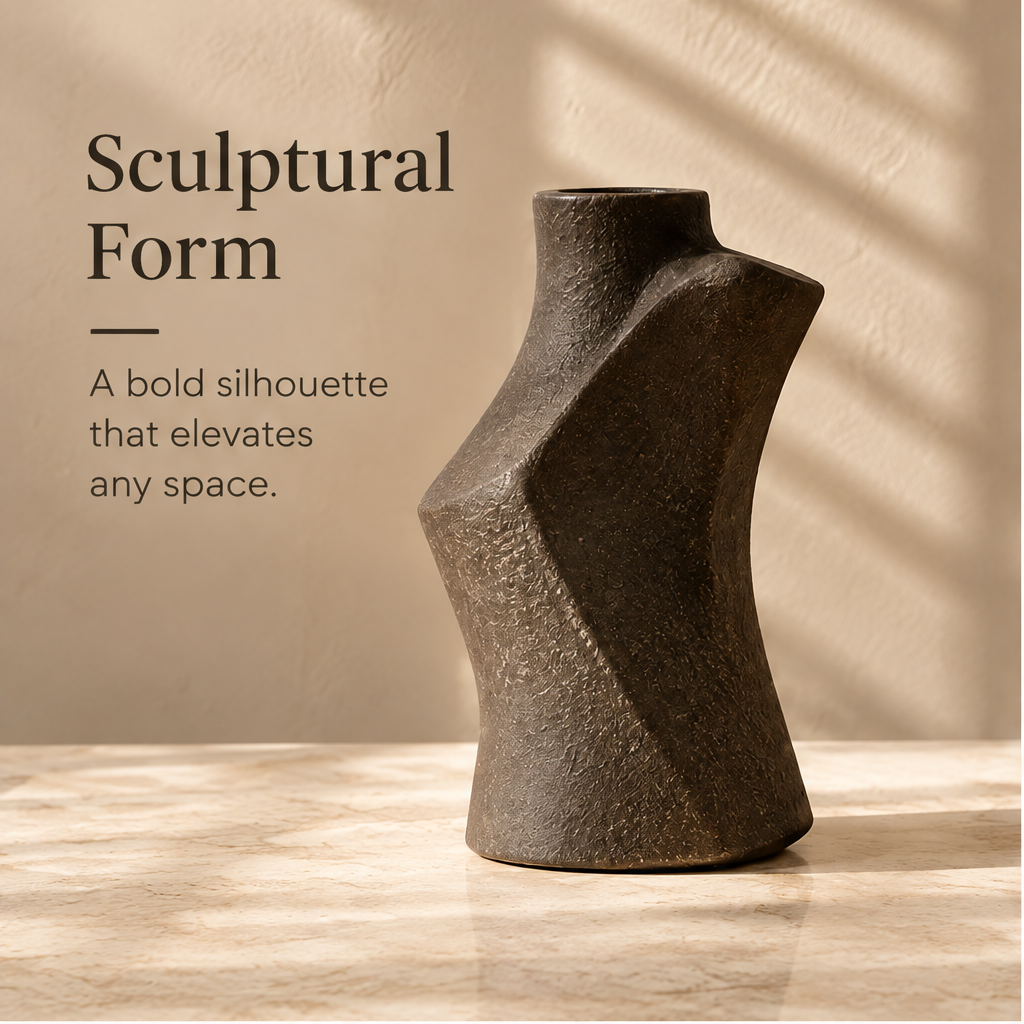 Top view of the vase opening with a magnified detail of its textured brown surface.