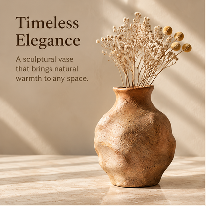 Earth-tone organic vase styled with delicate dried flowers and decorative stems.