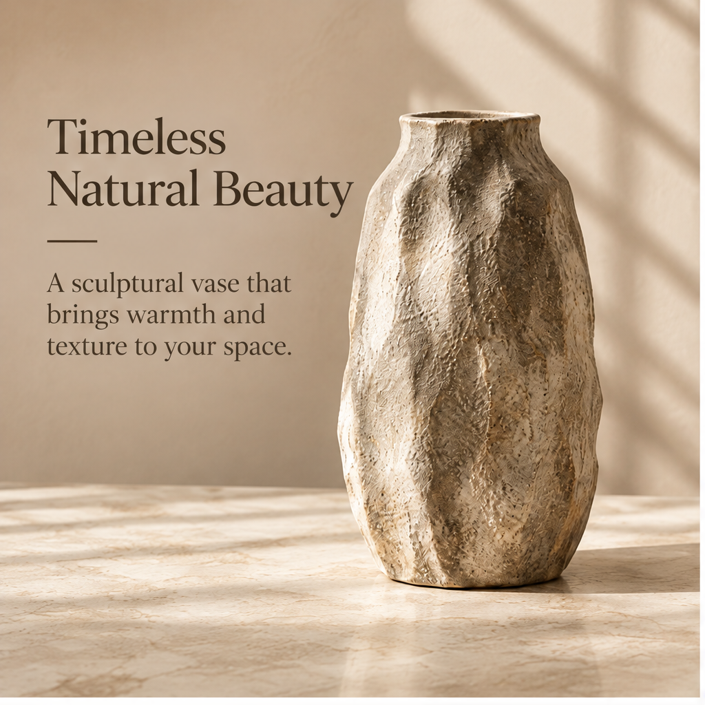 Full view of the taupe sculptural vase showing its curved silhouette and narrow opening.