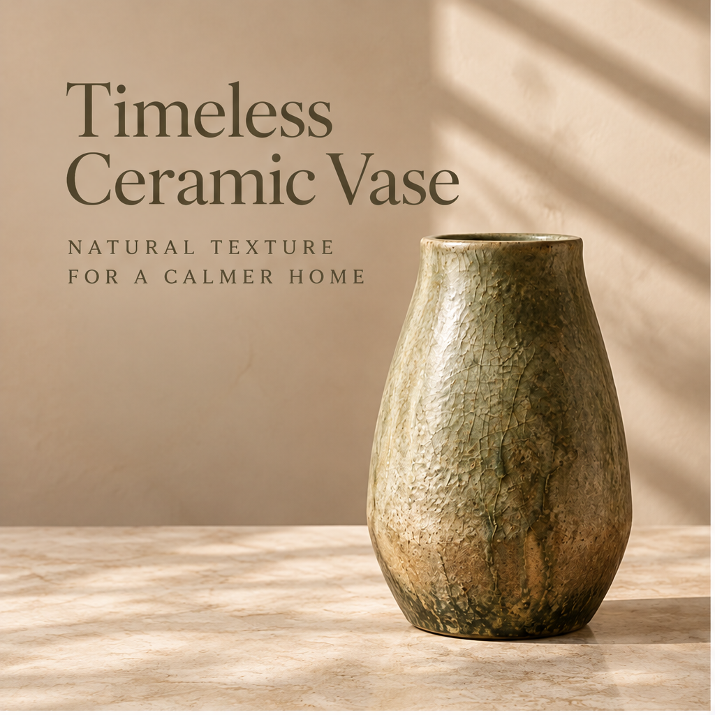 Close-up of the vase rim and olive green textured ceramic surface.