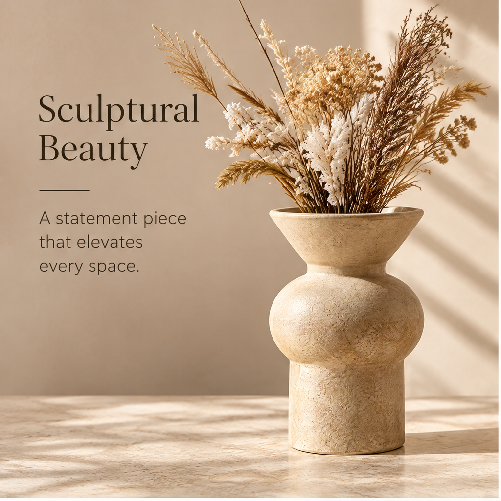 Close-up of the vase rim and stone-like finish with a magnified texture detail.