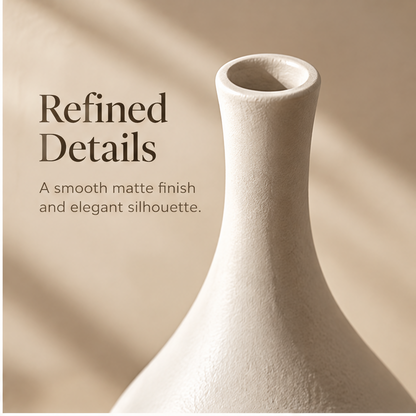 Ivory vase displayed in a neutral interior, showing its full curved silhouette.