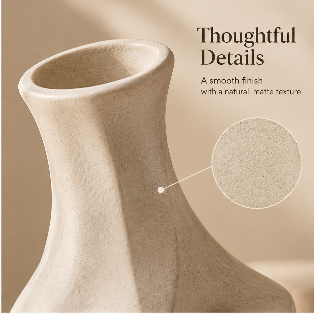 Faceted ivory vase styled with delicate dried floral stems beside a decorative bowl.