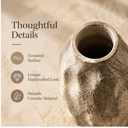Organic textured vase lying on its side, showing its flat base and curved contours.