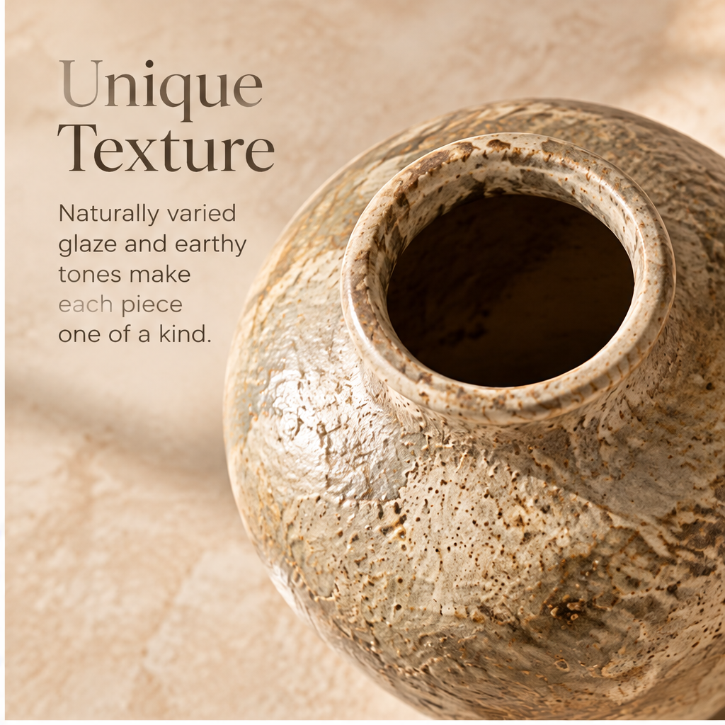 Earth-tone glazed vase styled with leafy decorative branches beside a bowl.
