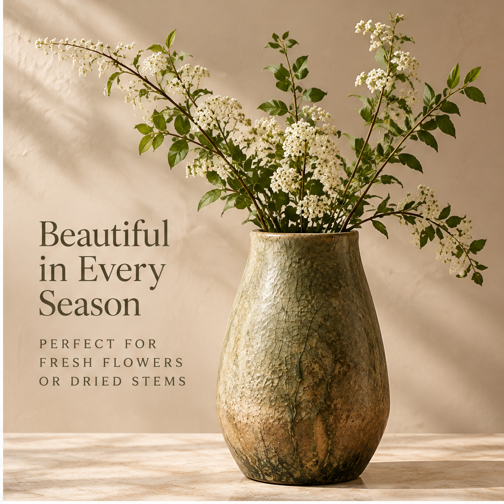 Olive green and earthy brown textured vase with a rounded body and tapered neck on a sunlit tabletop.