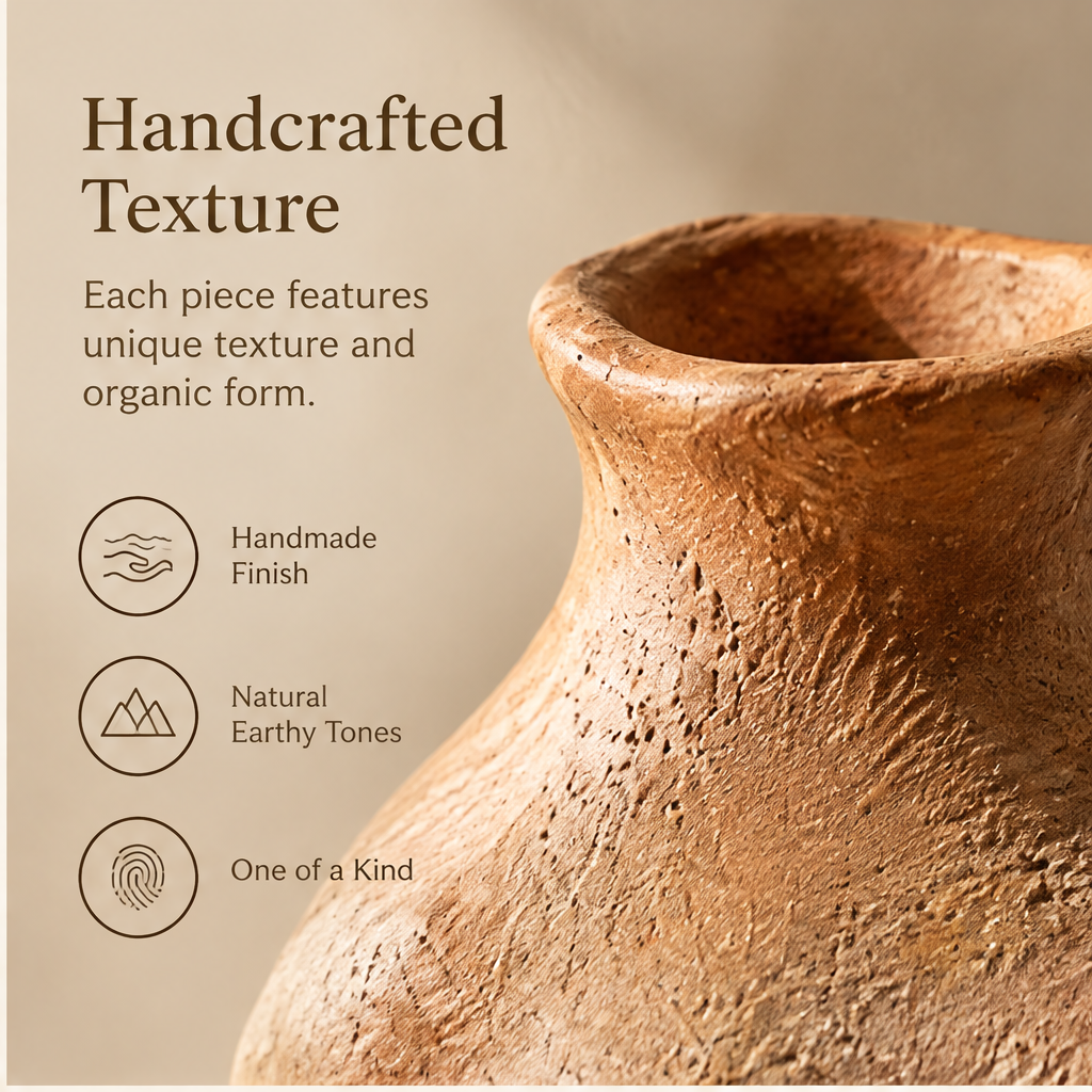 Earth-tone vase lying on its side, showing its opening and organic rounded form.