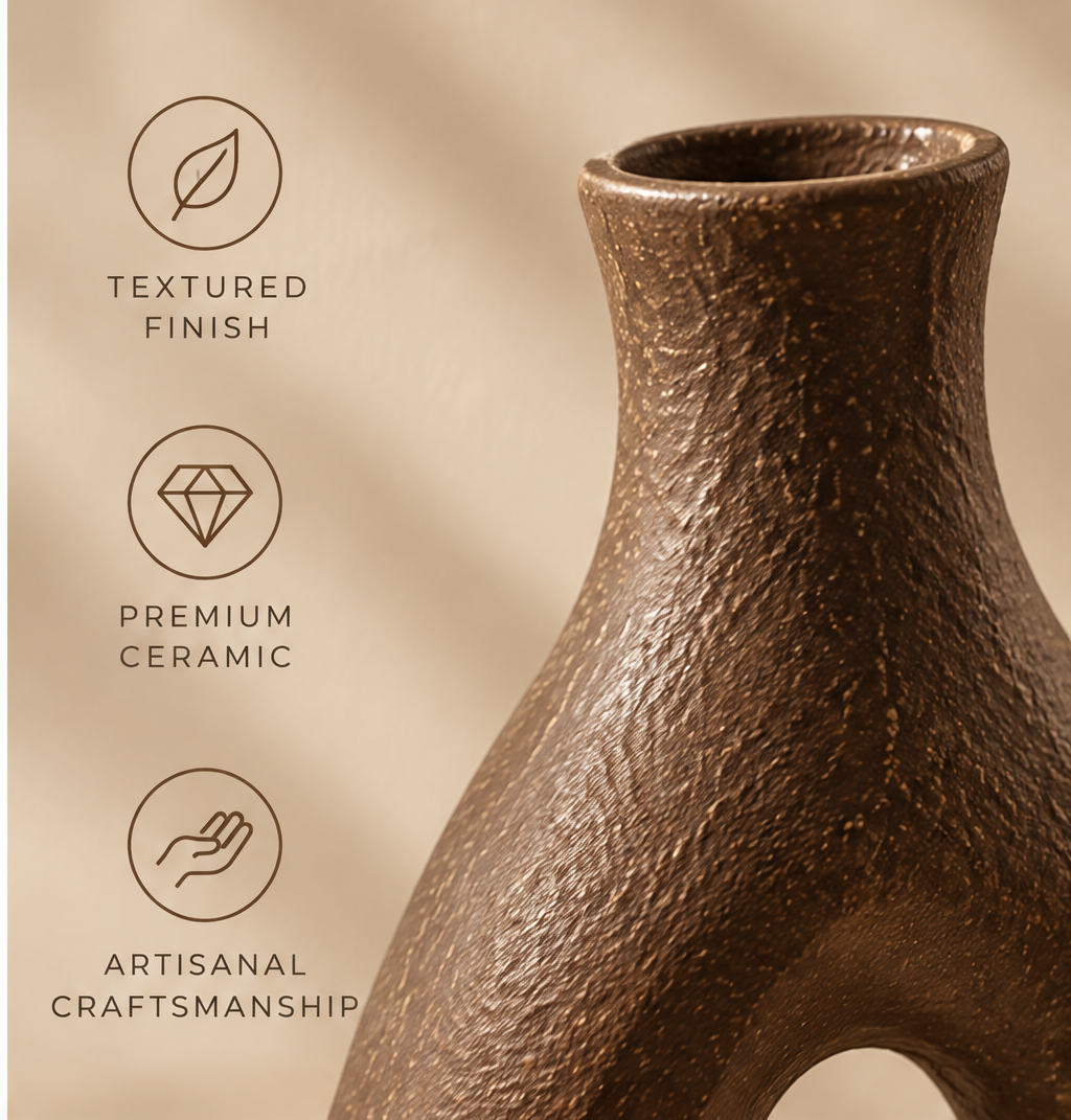 Brown cutout vase with dimensions marked as 21 cm high and 16 cm wide.