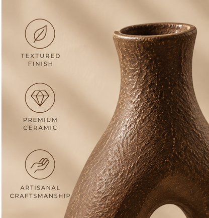 Brown cutout vase with dimensions marked as 21 cm high and 16 cm wide.