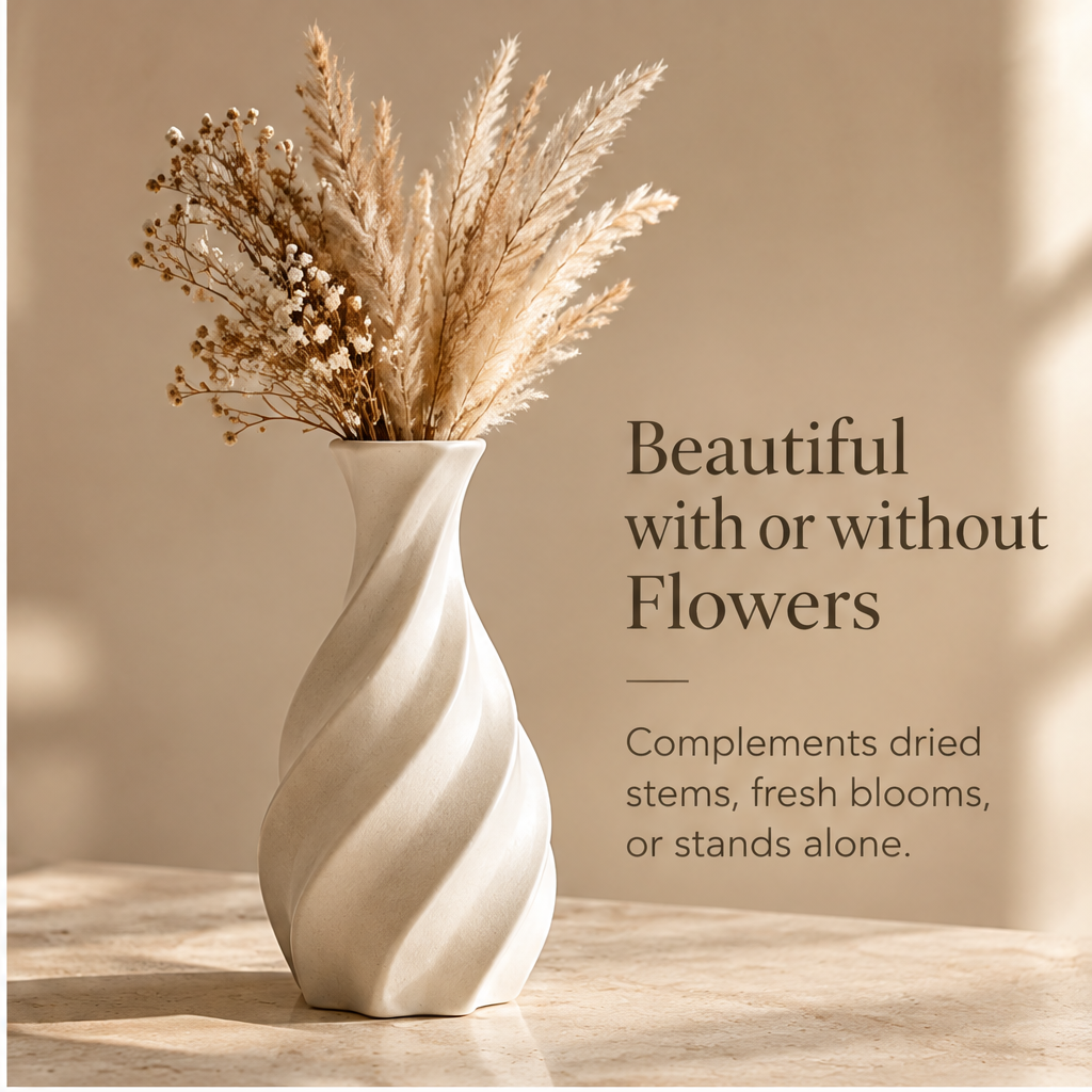 Full view of the ivory spiral vase showing its curved sculptural silhouette.