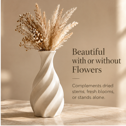Full view of the ivory spiral vase showing its curved sculptural silhouette.