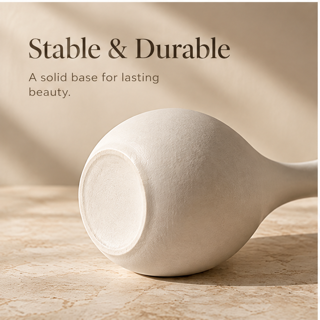 Ivory minimalist vase with a narrow neck and rounded body on a sunlit tabletop.