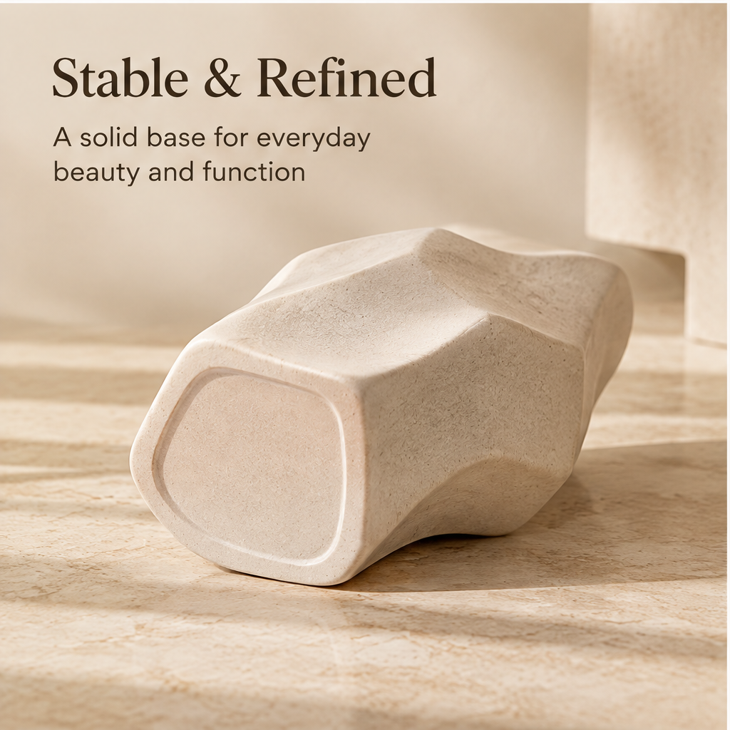 Full view of the faceted vase with living room, bedroom and entryway styling icons.