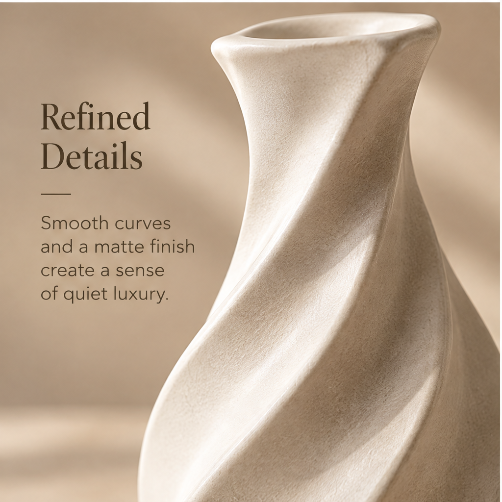 Close-up of the spiral vase neck, opening and matte curved ridges.