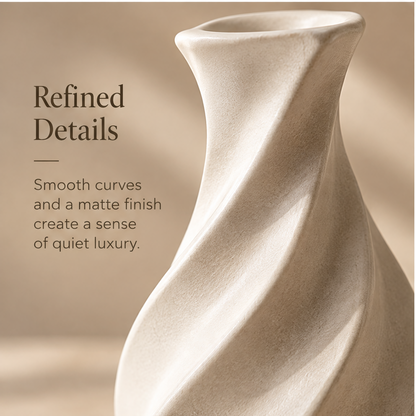 Close-up of the spiral vase neck, opening and matte curved ridges.