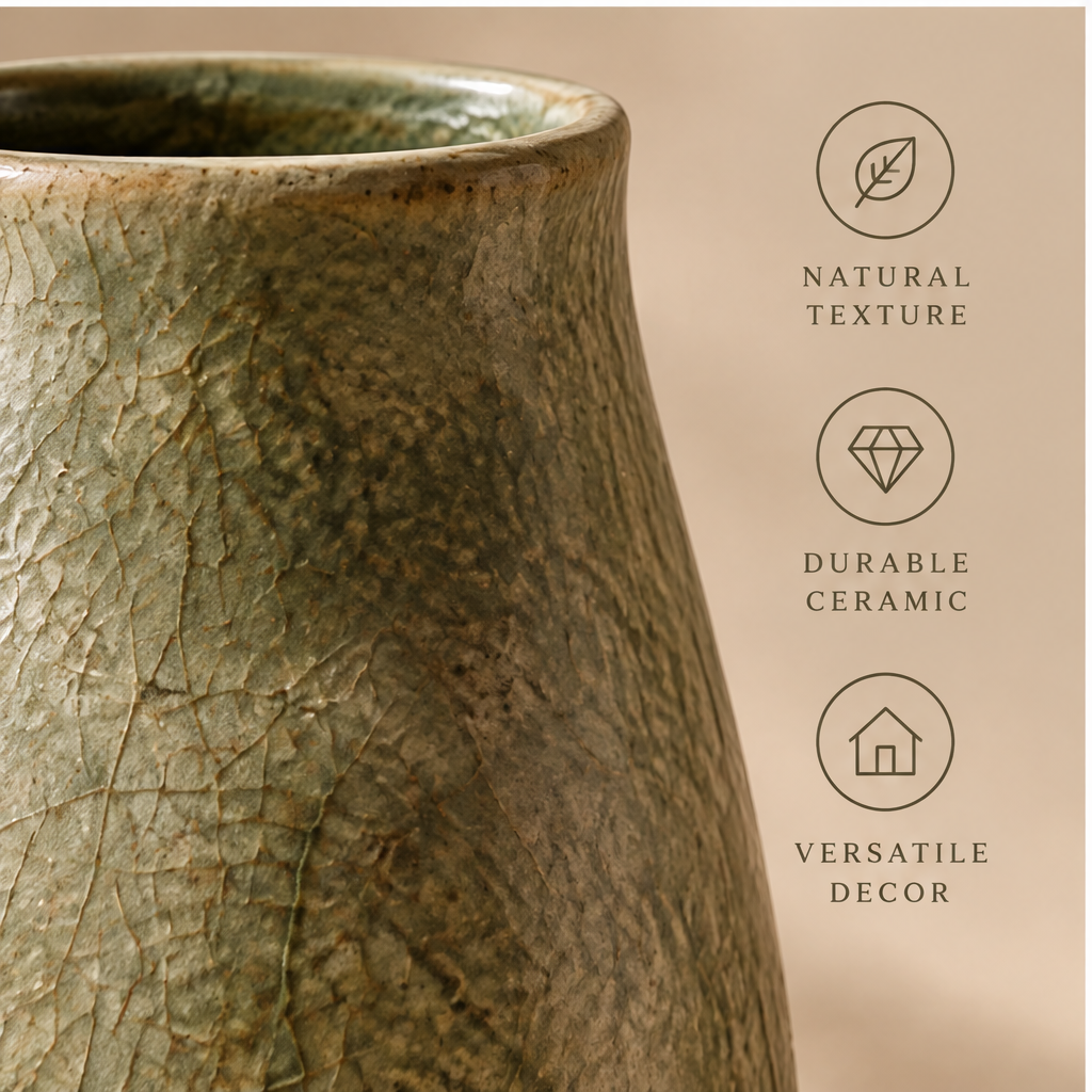 Olive green textured vase styled with white flowering branches and green foliage.