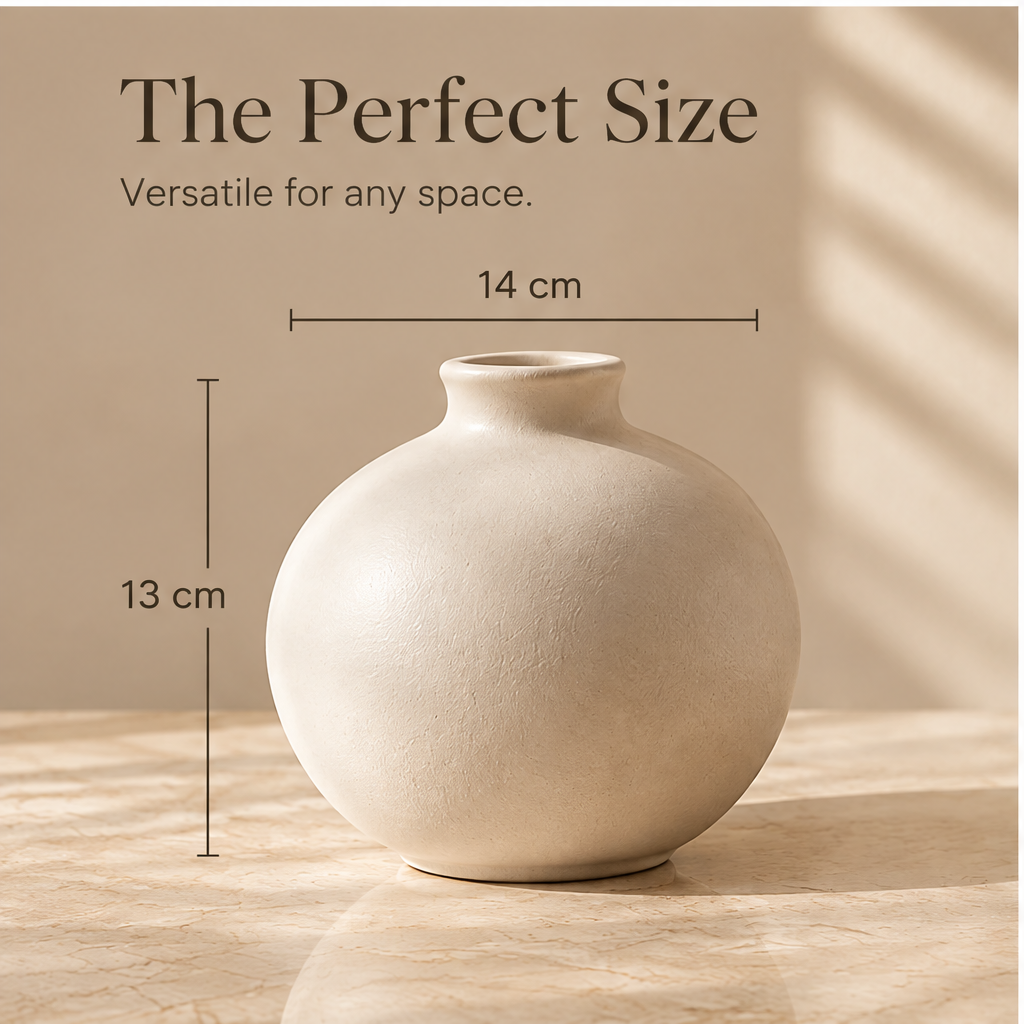 Ivory round vase on layered display slabs with product benefit icons above.
