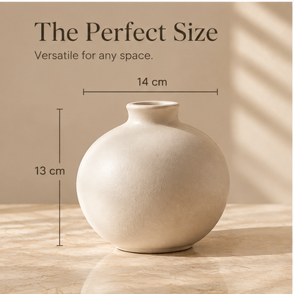 Ivory round vase on layered display slabs with product benefit icons above.