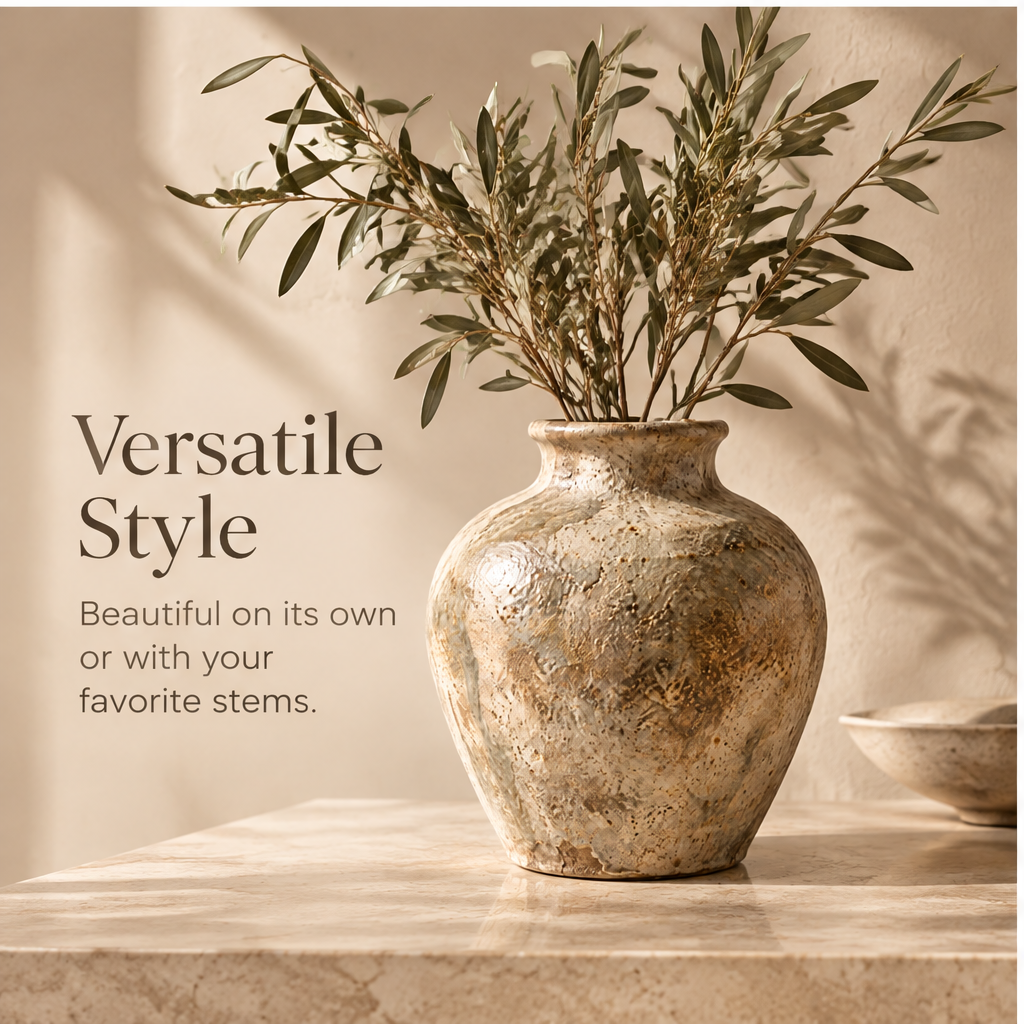 Rounded earth-tone vase with a short flared neck and varied beige and brown glaze on a sunlit tabletop.