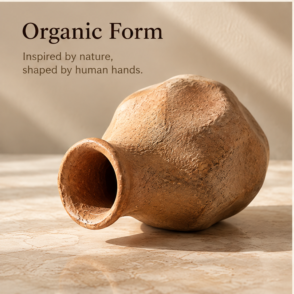 Warm earth-tone vase with an irregular rounded body and textured surface on a sunlit tabletop.