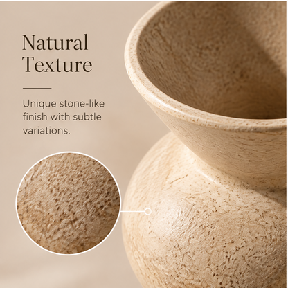 Beige sculptural vase with a flared top, rounded centre and cylindrical base on a sunlit tabletop.