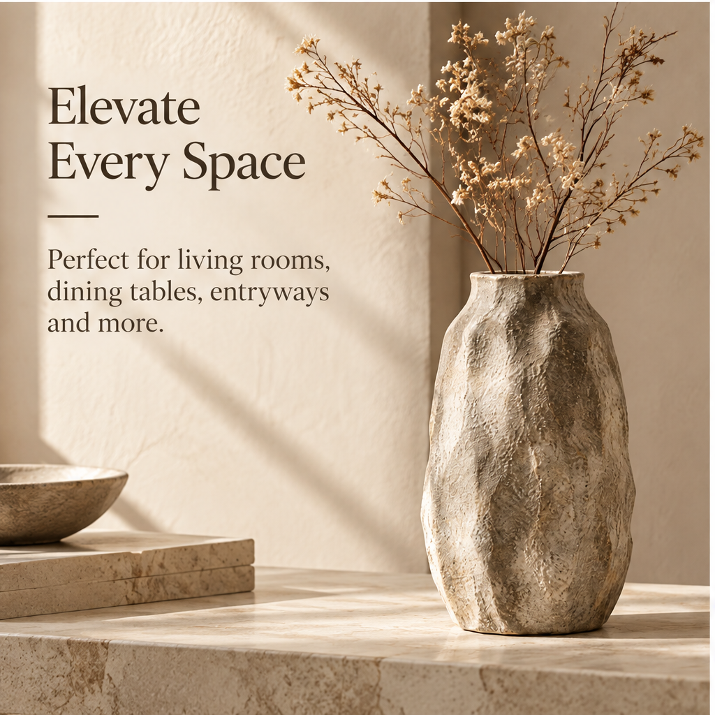 Taupe ceramic vase with organic vertical curves and a richly textured surface on a sunlit tabletop.