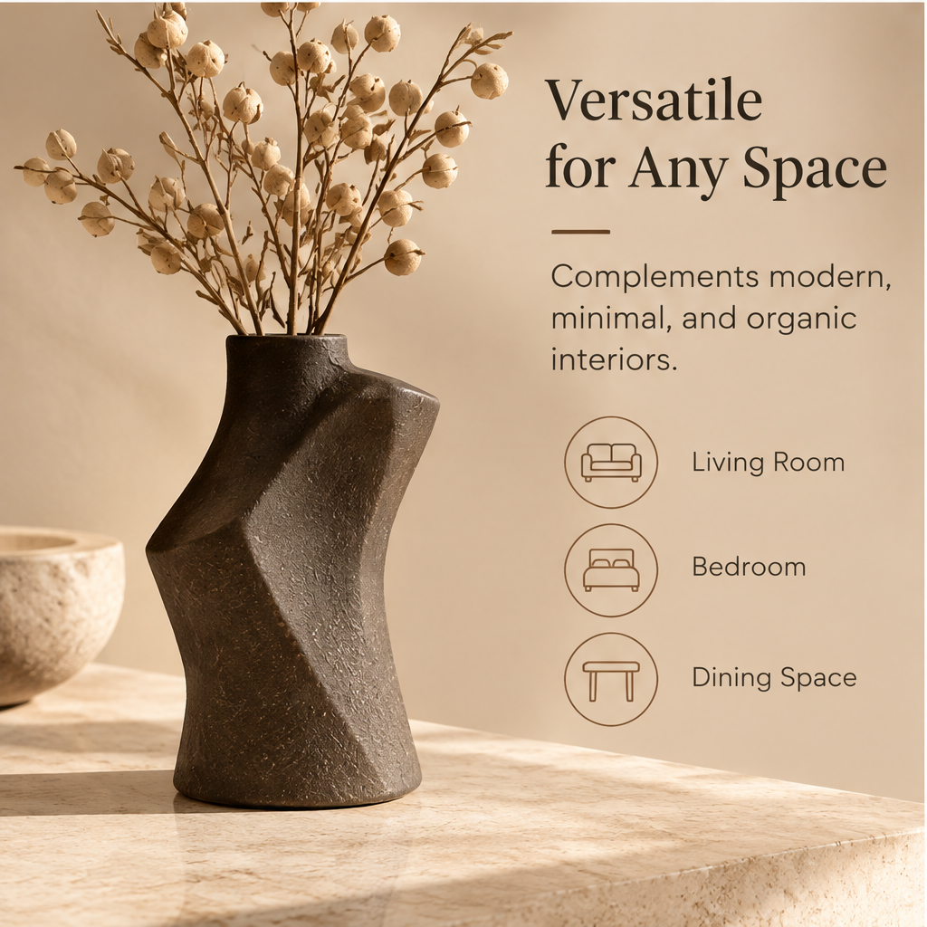 Dark brown sculptural vase styled with decorative stems beside interior styling icons.