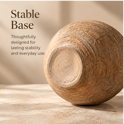 Full view of the round vase showing its earthy tones and textured silhouette.