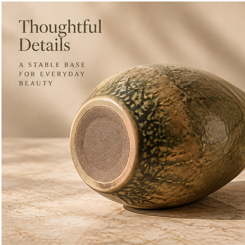 Olive green textured vase lying on its side, showing the circular base.