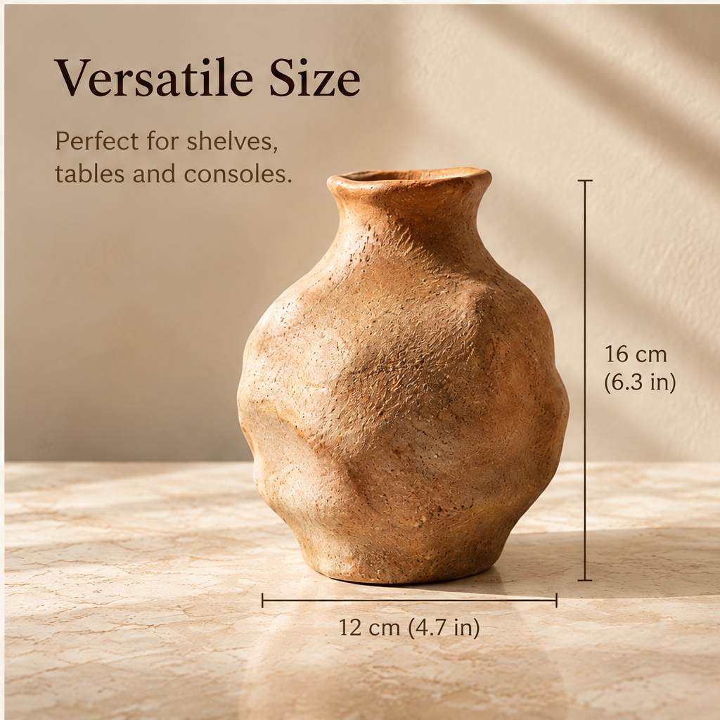 Organic textured vase with dimensions marked as 16 cm high and 12 cm wide.