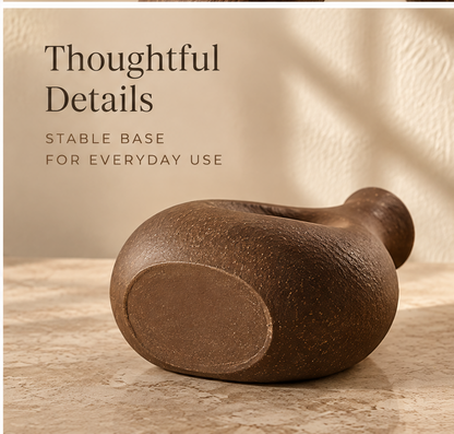 Close-up of the brown ceramic vase neck and textured surface.