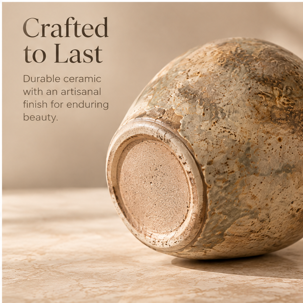 Full view of the classic rounded vase showing its varied earthy glaze and short neck.