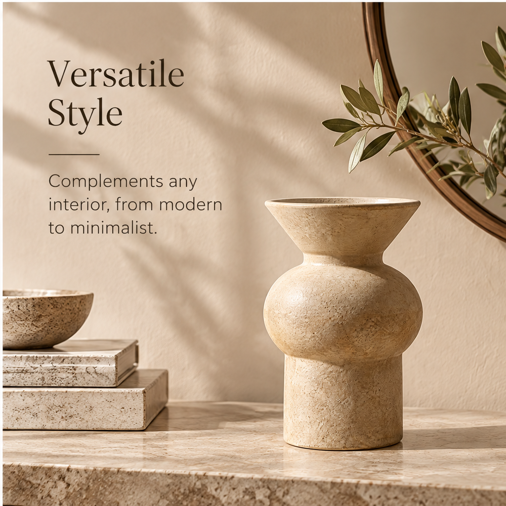 Beige sculptural vase styled with an arrangement of dried flowers and grasses.