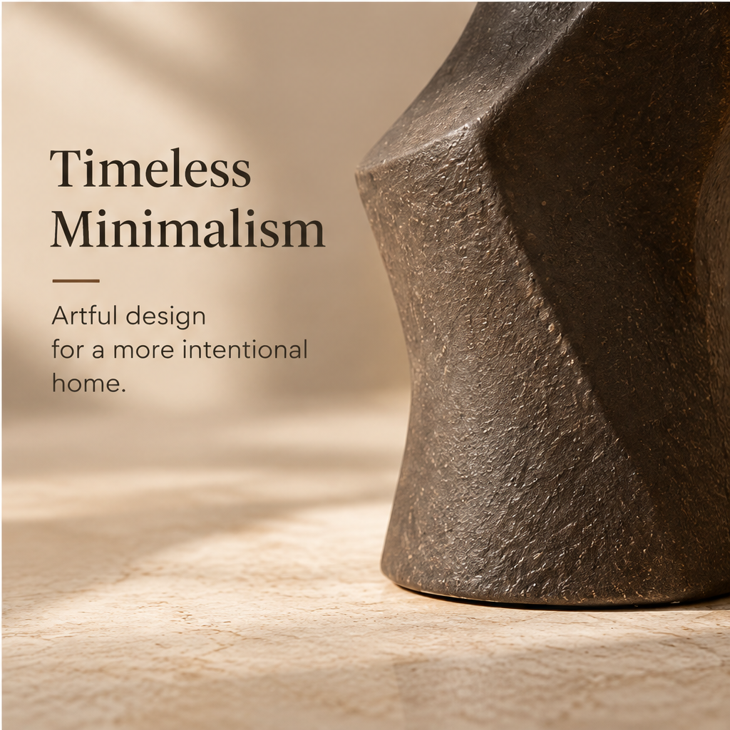 Full view of the dark brown vase showing its bold asymmetrical form.