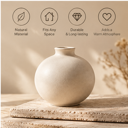 Ivory round vase with a short neck on a sunlit neutral tabletop.