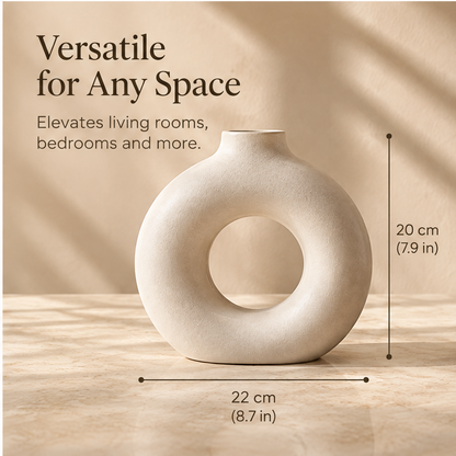 Ivory ring-shaped vase with a circular centre opening on a sunlit tabletop.