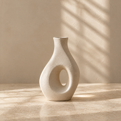 Ivory sculptural vase with an oval centre cutout and a narrow neck on a sunlit tabletop.