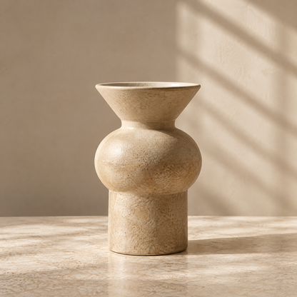 Beige flared vase displayed beside stacked books and a decorative bowl.