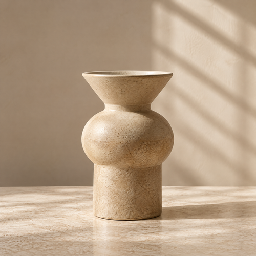 Beige flared vase displayed beside stacked books and a decorative bowl.