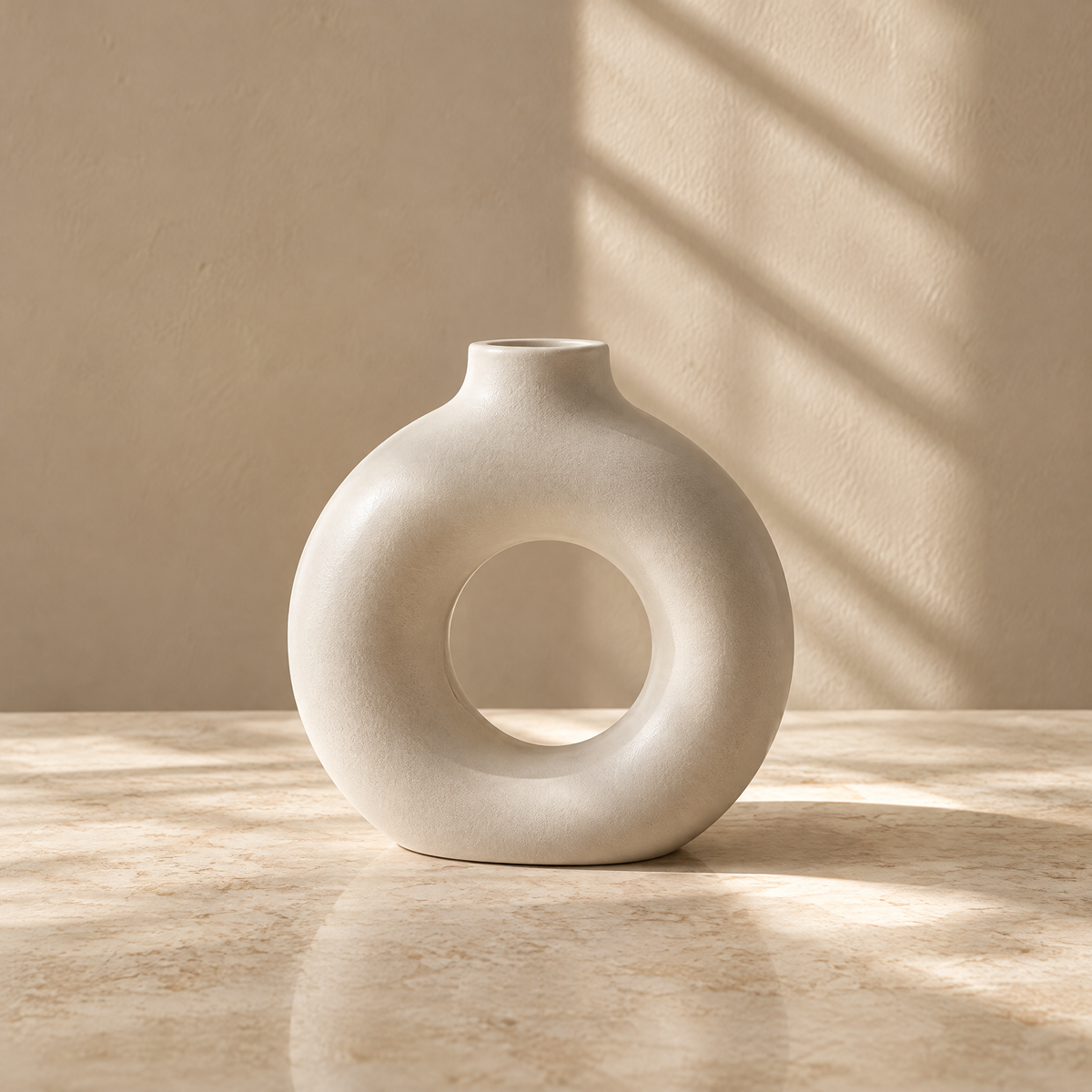 Ivory sculptural ring vase styled with white floral stems and feathery grasses.