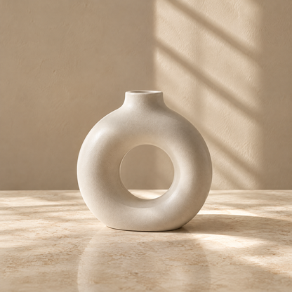 Ivory sculptural ring vase styled with white floral stems and feathery grasses.