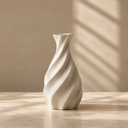 Ivory spiral vase with flowing sculptural ridges on a sunlit tabletop.