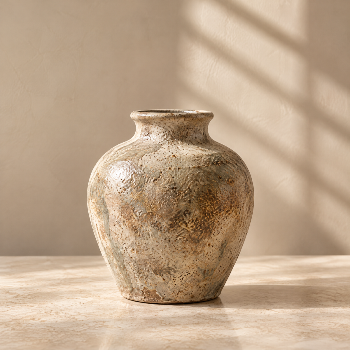Glazed ceramic vase lying on its side, showing its circular base and earthy surface finish.