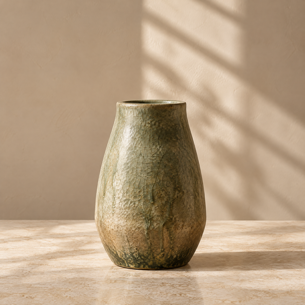 Full view of the olive green ceramic vase showing its rounded silhouette and varied surface texture.